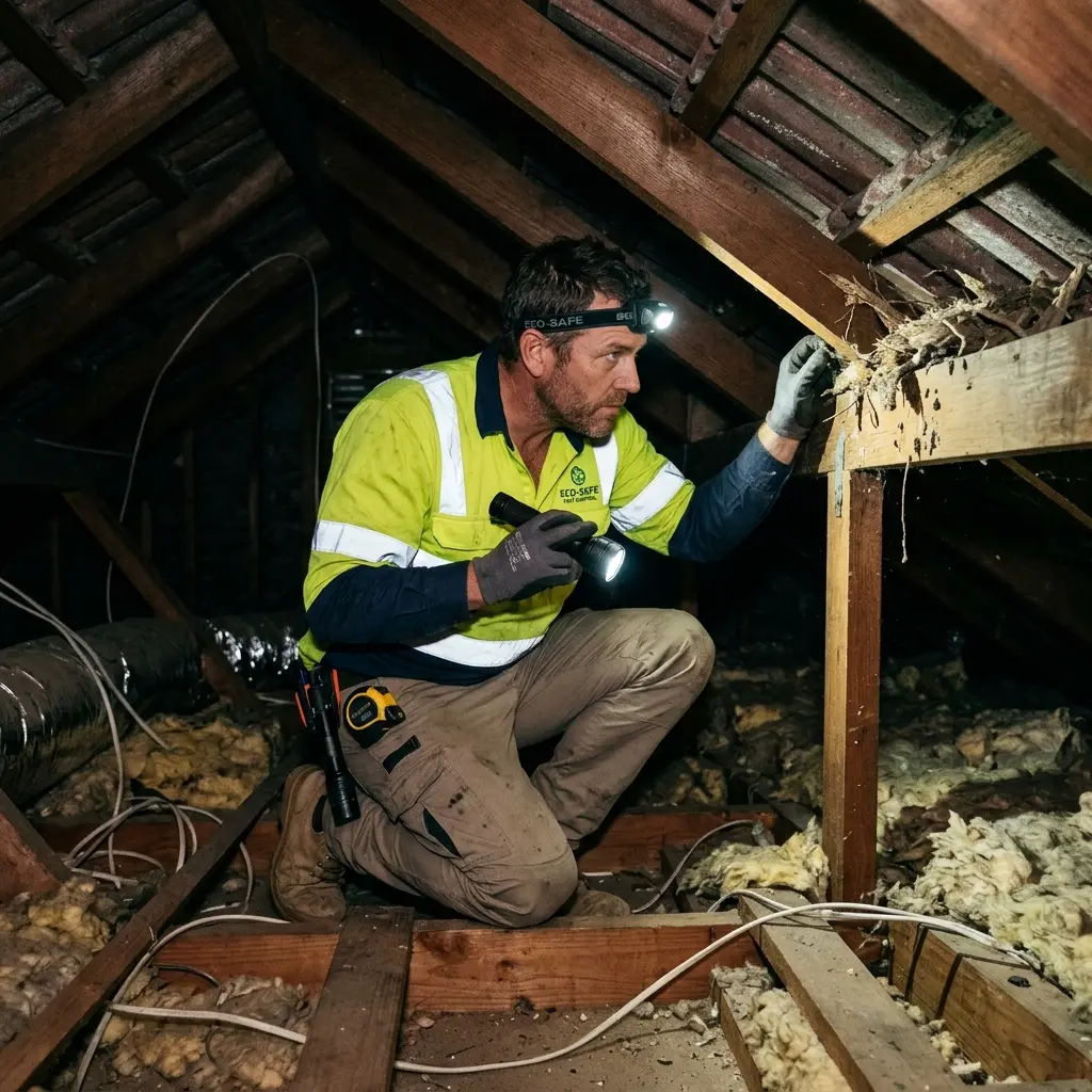 Technician inspecting a Kingsbury roof cavity for a dead possum