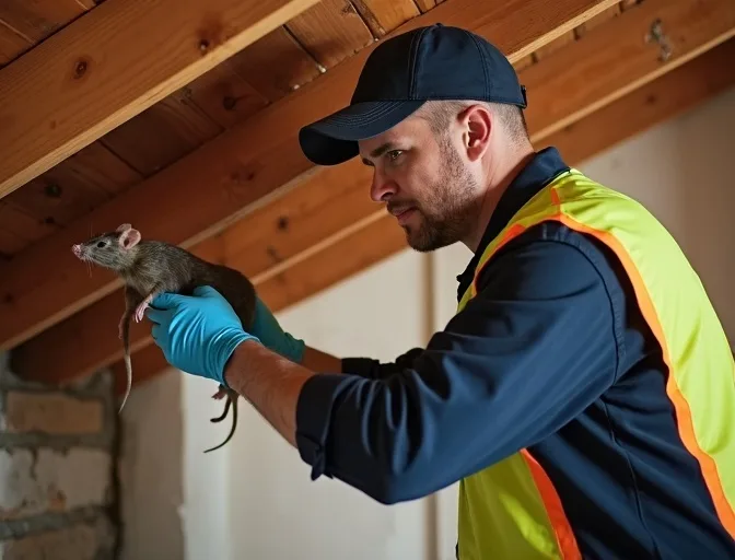 Technician inspecting a roof cavity for a dead rat in Kingsbury